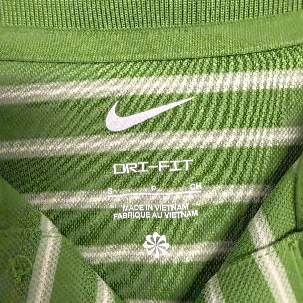 Nike Dri-FIT Mens Small Green White Striped Golf Polo Shirt Short Sleeve